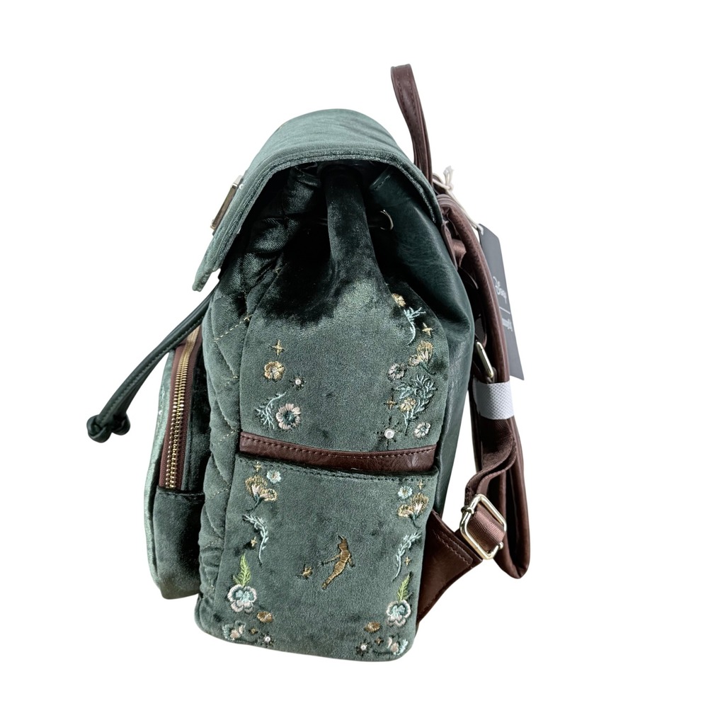 Disney Loungefly Peter Pan Tinker Bell Forest Green Velvet Floral Mini Backpack - Picture 3 of 5